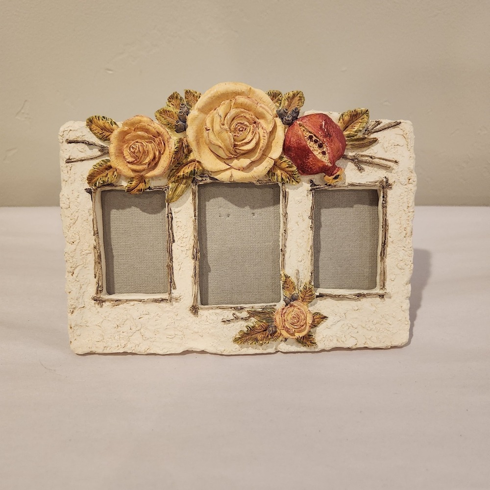 Vintage Figi Photo 3 Picture Frame White Roses Romantic Shabby Chic Desk or Wall